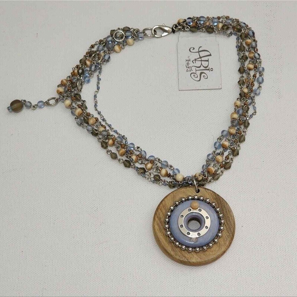 Aris by Treska Womens‎ Multi Strand Beaded Wood Pendant Necklace Blue Tan Boho